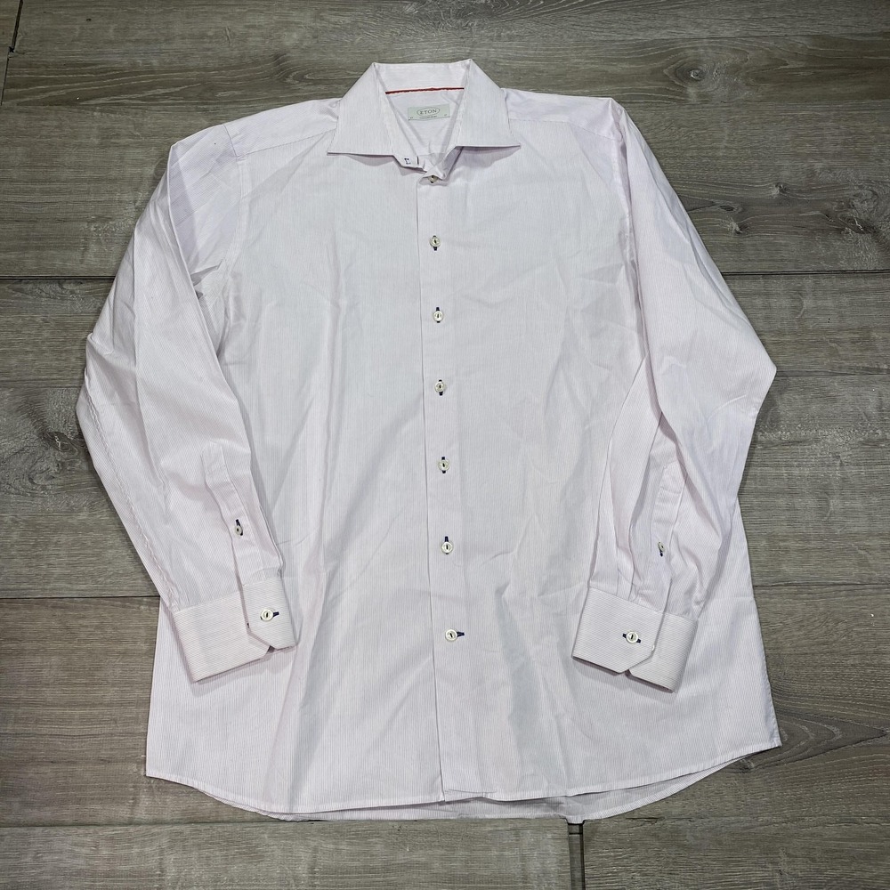 Eton Dress Shirt‎ Mens 17 43 Purple Stripe Contemporary Spread Long Sleeve